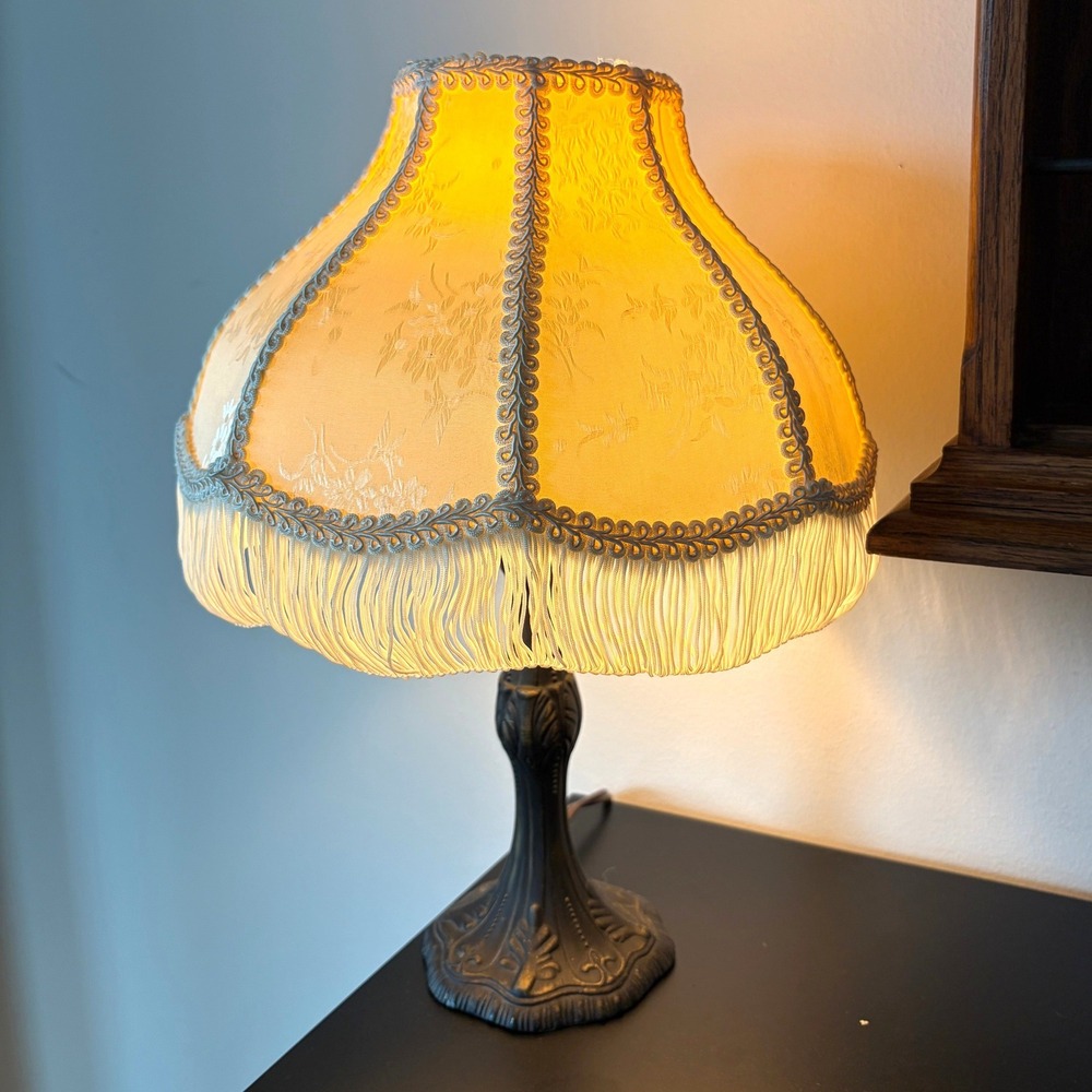 Vintage Style Table Lamp Bronze Ornate Base Cream Floral Fringed Shade 14.5in